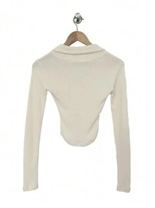 DAZY 女式纯色翻领长袖V领简约休闲上衣，秋季服装 - 杏色 - 查看 9