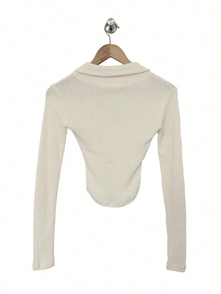 Women Plain Lapel Long Sleeve V-Neck Minimalist Casual Top,Fall Clothes