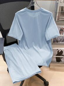 SHEIN 2pcs Teen Boys' Casual Loose Comfortable Logo Decor Short Sleeve Top And Shorts Set, Spring Summer