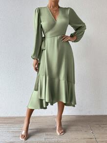 Calvaya Vestido largo de manga larga de satén verde salvia para mujer
