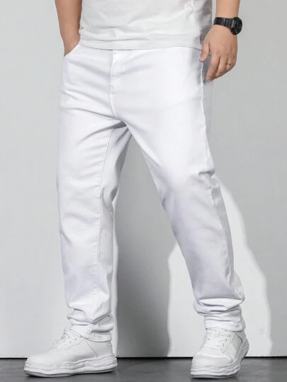 Manfinity Homme Plus size herr enfärgad Casual raka ben jeans med ficka, vanligt långtvättade vita cargo jeans lätta jeans, för make, pojkvän presenter