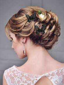 10pcs Wedding Party Bridal Veil Decor, Faux Net Lace Butterfly Embroidered Headpiece Accessories, DIY Layered Sheer Butterfly Costume Trim - Black - View 6