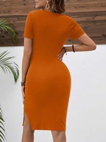 SHEIN Vestido mini body-con con pliegues en color liso casual de vacaciones para maternidad - Óxido marrón - Ver 2