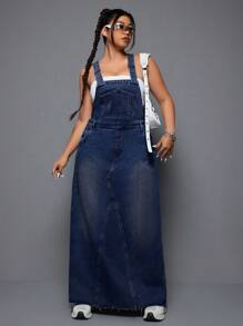 SHEIN ICON Đầm tổng thể denim hở lưng cỡ lớn, phong cách thường ngày rộng rãi thời trang - Màu xanh lam - Xem 6