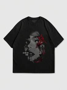SHEIN LUNE 大码图案和口号印花圆领夏季短袖 T 恤图案 T 恤女式上衣 - 灰色 - 查看 1
