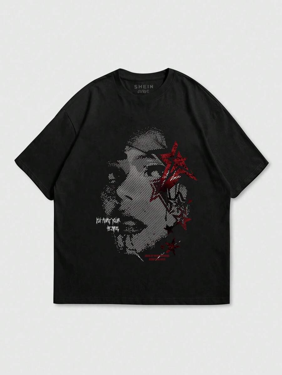 SHEIN LUNE 大码图案和口号印花圆领夏季短袖 T 恤图案 T 恤女式上衣 - 灰色 - 查看 1