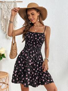 SHEIN VCAY 女士 Ditsy Floral 简约吊带裙 - 黑色 - 查看 5