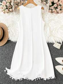 Linhara 大尺碼夏季休閒幾何圖案V領流沙邊無袖連身裙