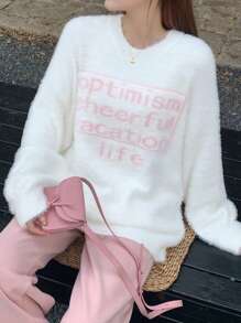 DAZY 女士休闲字母印花针织毛衣、长袖上衣秋季 - 白色 - 查看 10