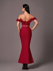 SHEIN Belle Elegant & Luxurious 2pcs Red Off Shoulder Feather Bodycon Bodycon Dress Suitable For Weddings, Bachelorette Parties, Vacations, Graduations, Galas (Heavily Embellished), Formal Evening Prom Gown, For Wedding Guest Dinner - Red - View 3