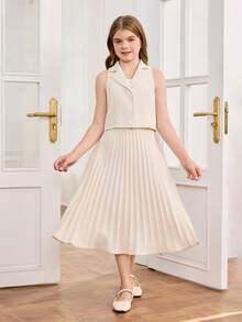 Conjunto de blusa sin mangas de tejido liso y falda mini plisada para niñas preadolescentes - Albaricoque - Ver 6