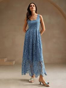 Anewsta Women's Water-Soluble Lace Mid-Length Sleeveless Dress - Blue - View 6