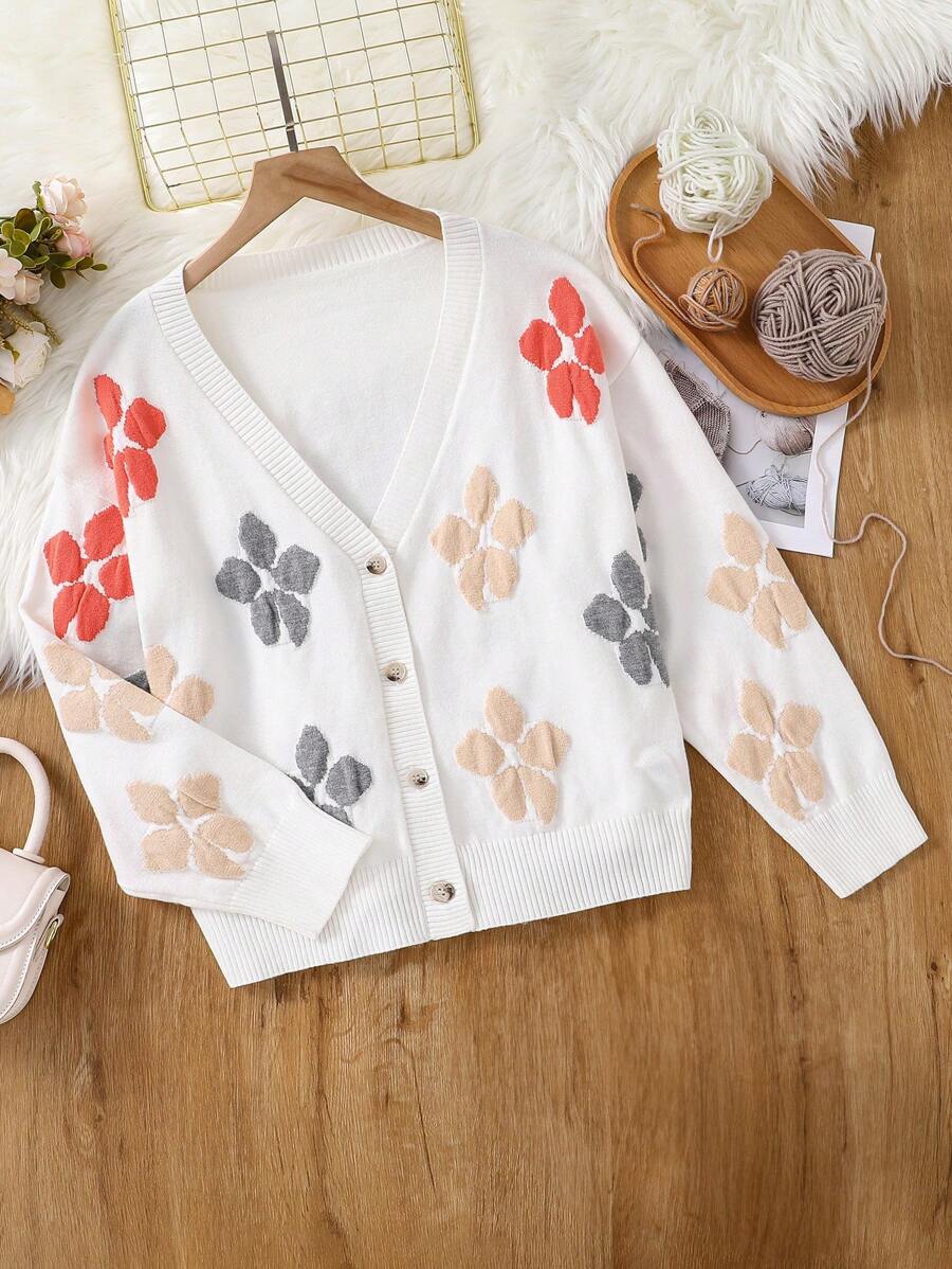 女童可爱花卉针织开衫，3D花朵，多色，秋冬 - 彩色 - 查看 1