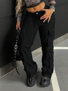 2024 Simple Black Utility Denim Straight-Leg Cargo Pants Casual - Black - View 4