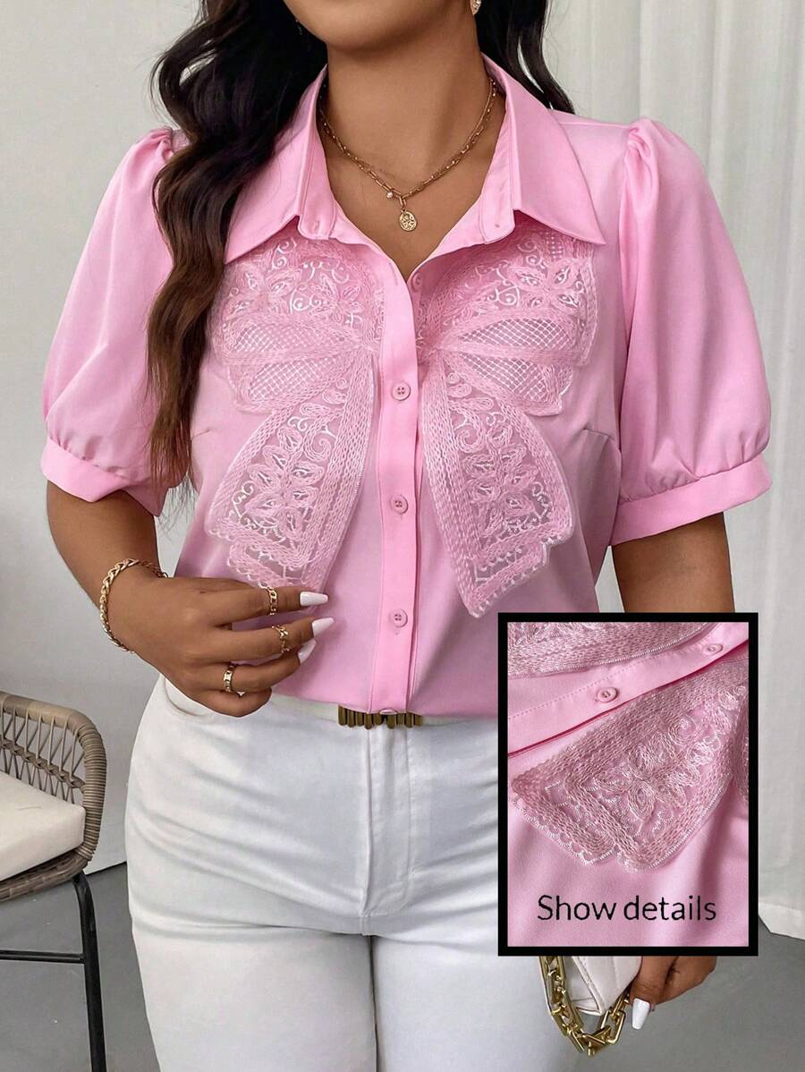 SHEIN Unity Plus Size Summer Casual Puff Sleeve Shirt With Bow Decoration - Pink - View 1