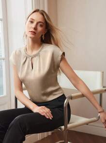 MOTF PREMIUM CHI TIẾT CHUỖI KIM HẠT CHI TIẾT LỖ KHÓA CỔ BATWING TAY ÁO - Cà phê nâu - Xem 8