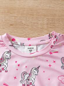 SHEIN Leap Crew Young Girls' Knitted Unicorn Pattern Top & Bottom And Love Pattern Top & Knitted Pants Snug Fit Homewear Set, 2pcs/Set - Pink - View 5