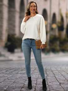 SHEIN LUNE Women Sweatshirts Crew Neck Sweatshirt Winter Tops Fall Clothes Work Women Tops Long Sleeves Woman Fall Tops - White - View 4