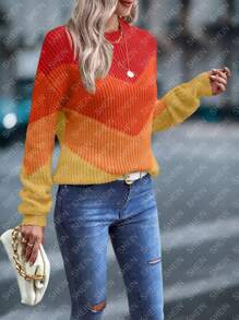 SHEIN LUNE Suéter casual de cuello redondo de manga larga de bloques de color para mujeres - Multicolor - Ver 6