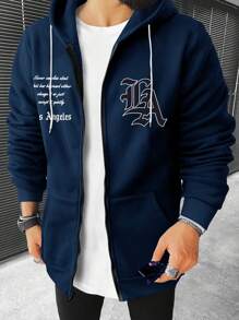 Manfinity Homme Men's Loose Fit Letter Printed Zipper Hoodie - Navy Blue - View 1