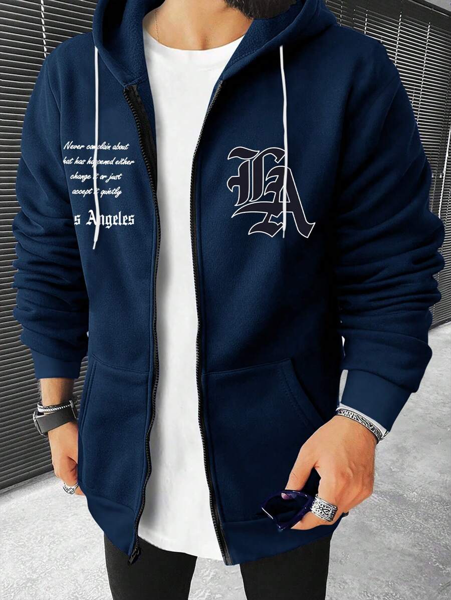 Manfinity Homme Men's Loose Fit Letter Printed Zipper Hoodie - Navy Blue - View 1