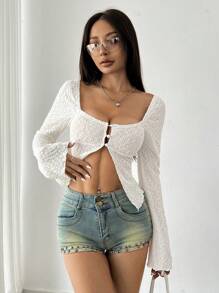 SHEIN Unity Áo thun nữ dài tay xẻ tà cổ điển gợi cảm màu trắng kiểu Pháp - Màu be - Xem 5