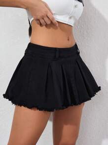 SHEIN EZwear 女式简约黑色牛仔 A 字裙，下摆磨损