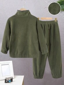 SHEIN 2pcs Boys' Stand Collar Long Sleeve Solid Top And Long Pants Set - Army Green - View 2