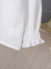 SHEIN 年轻女孩休闲白色圆领荷叶边喇叭袖衬衫，长袖上衣，时尚百搭，适合日常穿着，春秋新品 - 白色 - 查看 7