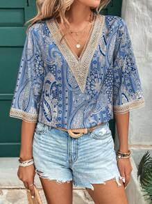 EMERY ROSE Women Floral Print Lace Splice V-Neck Loose Casual Shirt For Summer Holiday