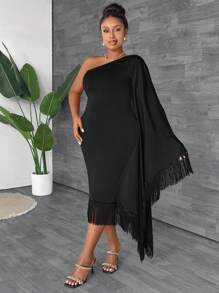 Maweii Plus Size Nữ Màu Trơn Đơn Giản Trang Trí Viền Cổ Bất Đối Xứng - màu đen - Xem 4