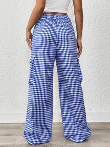 SHEIN Unity Women's Straight-Legged Pants With Checkered Tied Belt Fall Cloth For Women - Blue - View 2