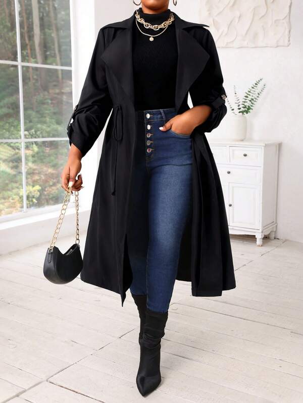 SHEIN Lady Autumn And Winter Casual Black Woven Waterfall Button Front Midi  Plus Size Trench Coats Women Coats Going Out Outfits