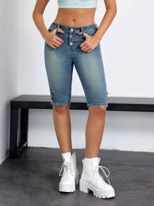 SHEIN EZwear Quần denim dài đến đầu gối một hàng khuy dành cho nữ, mùa hè - Rửa trung bình - Xem 1
