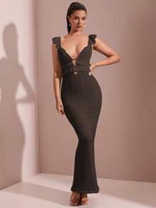 SHEIN BAE Sexy Hollow-Out Crochet Texture White Ruffled Flare Sleeve Backless Tie Waist Elegant Mermaid Dress