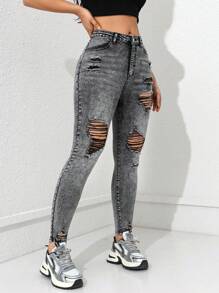 SHEIN ICON 休閒高腰破洞修身牛仔褲 - 黑色 - View 4