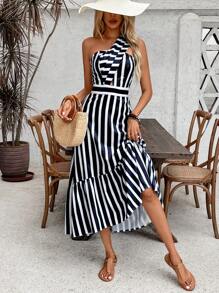 Chiquease 女士拼色条纹印花不对称领口休闲连衣裙 - 黑色 - 查看 3