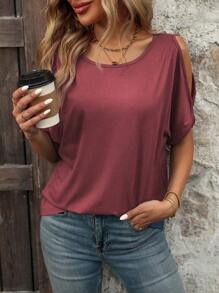 Calvaya Camiseta de verano casual de mujer con cuello redondo de unicolor y hombros abiertos - Color caoba - Ver 4