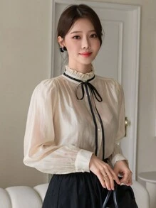 DAZY Blusa elegante y encantadora de contraste de color con cuello alto, lazo, cordón y manga larga para mujer