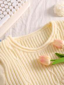 SHEIN Privé Áo len chui đầu cỡ lớn cho nữ, mùa thu, màu mơ, tay lửng, họa tiết móc dây xoắn - Màu be - Xem 3