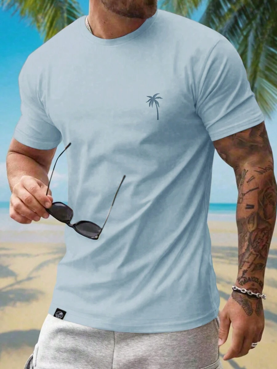 Manfinity BRENVOR Camiseta de manga corta y cuello redondo, ligera y transpirable, con estampado de palmeras, ideal para playa y vacaciones, edición de Día del Padre, Día de la Madre, vacaciones de verano - Azul - Ver 1
