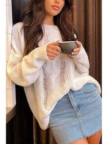 INAWLY Women's Solid Color Simple Casual Everyday Knit Sweater, Knit Pullover Fall Winter - White - View 4