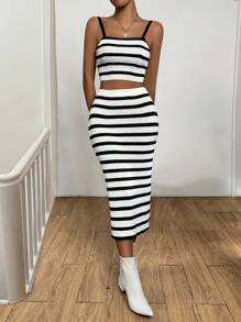 SHEIN LUNE Casual Striped Women's Knitwear Set (2pcs) - Black and White - View 5
