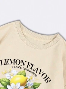 SHEIN EZwear 女士休闲简约柠檬和雏菊花，标语印花加大码宽松运动衫，适合海滩和度假，秋冬季 - 杏色 - 查看 4