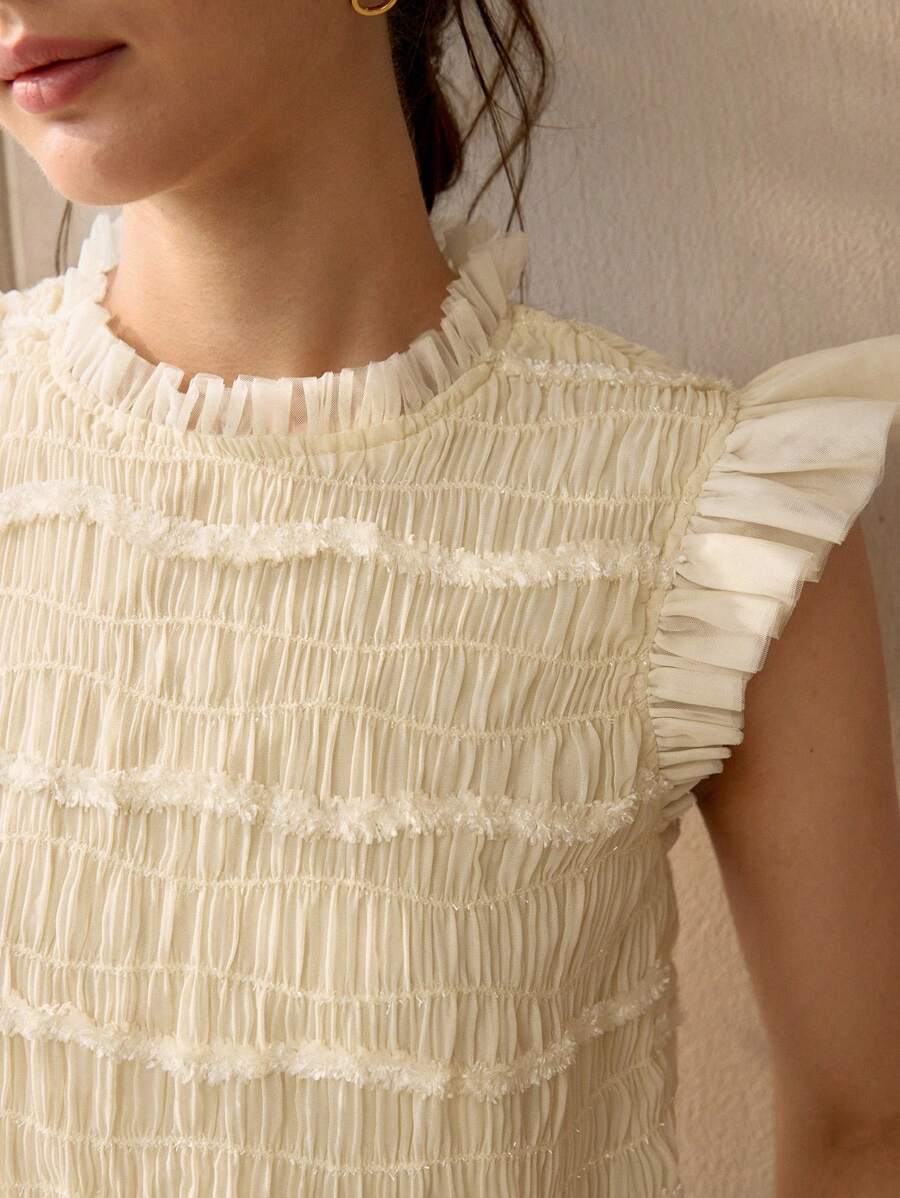 MOTF PREMIUM FRILL MOCK NECK RUFFLE ARMHOLE SHIRRED TOP - Apricot - View 2