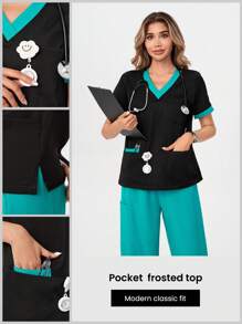 TaskEZ 女士撞色边饰 4 口袋上衣 - 黑色，配青色边饰拼色短袖制服上衣 手术服上衣 - 舒适工作制服 - 彩色 - 查看 2