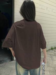 DAZY 女士蝴蝶印花短袖圆领 T 恤，夏季图案 T 恤超大 T 恤，教师服装 - 咖啡棕 - 查看 4
