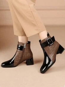 Women's Color Block Square Toe Fashion Ankle Boots, Autumn Winter Warm Comfortable Versatile Belt Buckle Chunky Heel Side Zip Patchwork Soft Leather  Boots