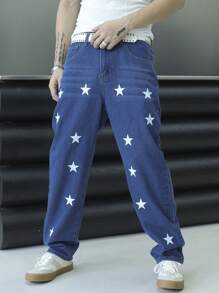 Manfinity Roughcore Men's Casual Multi-Pockets Five-Pointed Star Allover Print Simple Denim Jeans - Blue - View 1