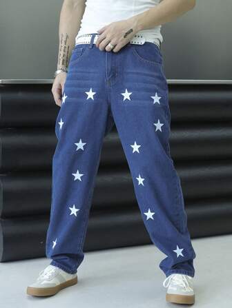 Manfinity Roughcore Men's Casual Multi-Pockets Five-Pointed Star Allover Print Simple Denim Jeans